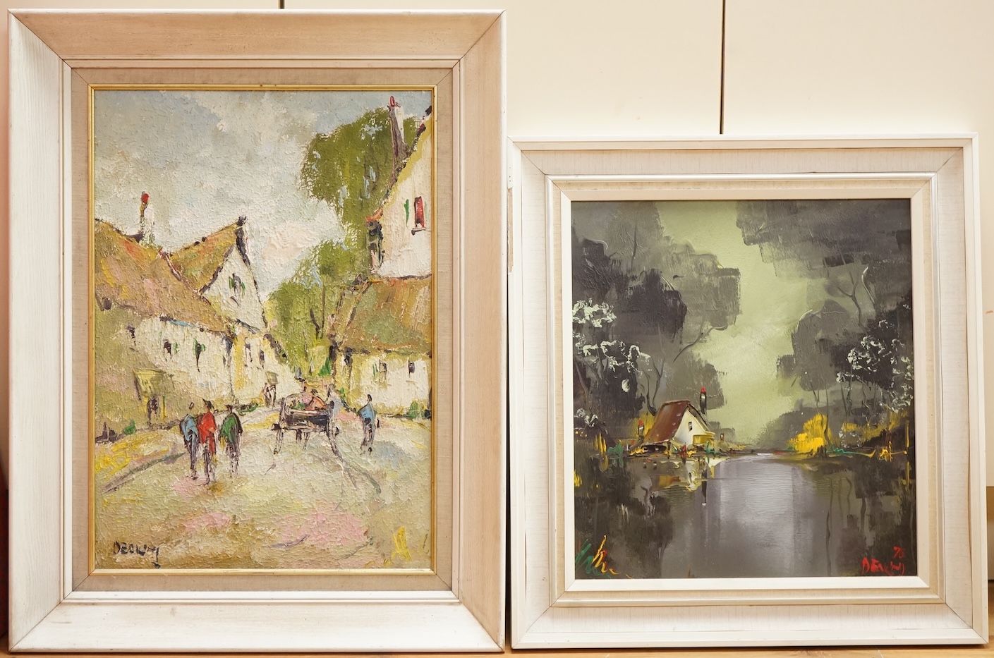 George Deakins (1911-1982), Street scene with figures and one other, each signed, one dated '76, two impasto oils on board, largest 54 x 38cm